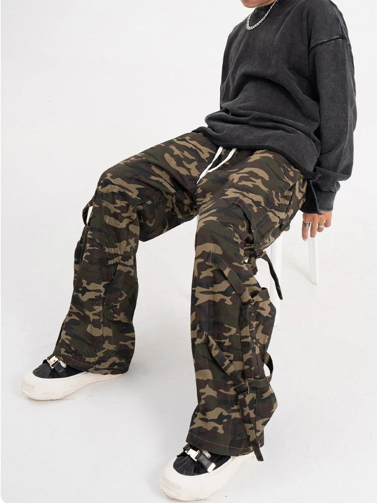 HOUZHOU Oversize Camo Cargo Pants Men Pockets Camouflage Wide Leg Trousers Male Clothing Vintage Streetwear Hip Hop Ribbons