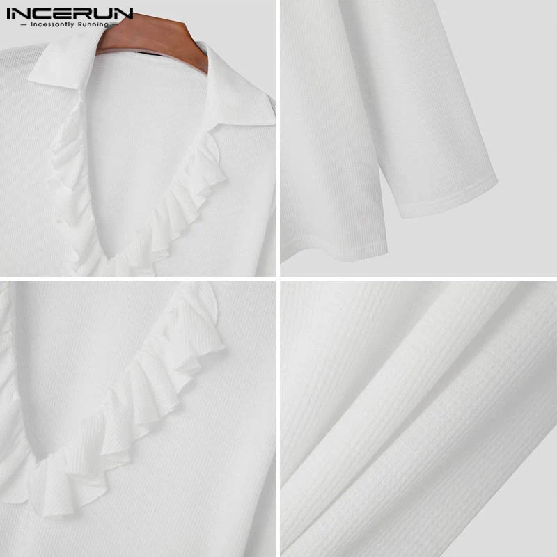 Fashion Casual Style Tops INCERUN Men Solid Ruffle Edge Splicing Shirt Stylish Clubwear Men Long Sleeved Lapel Blouse S-5XL 2024