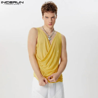 INCERUN Tops 2024 American Style Sexy Men's Mesh Cross Low Neck See-through Vests Fashion Solid Thin Sleeveless Tank Tops S-5XL