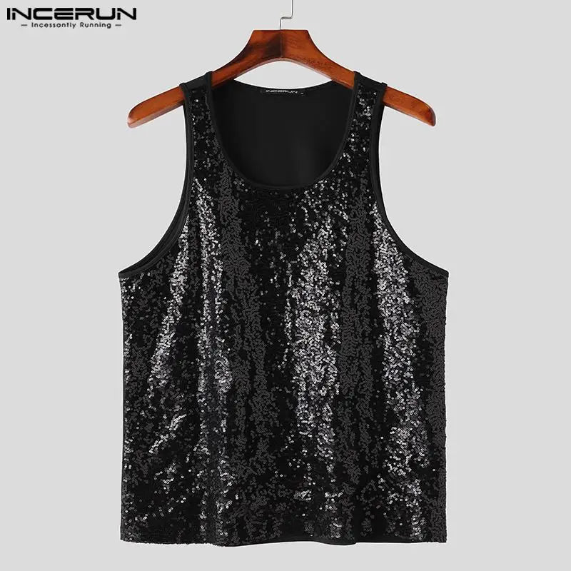 INCERUN Tops 2024 American Style Mens Pearl Glitter Design Vests Casual Sport Streetwear Male Hot Selling O-neck Tank Tops S-5XL