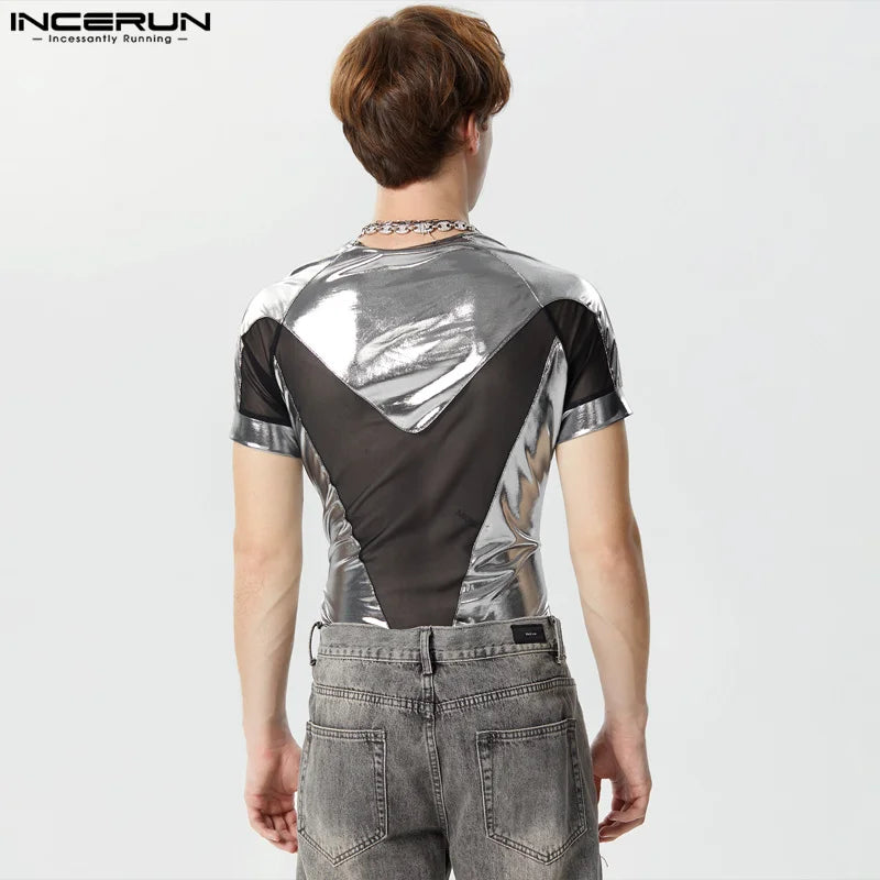 INCERUN 2024 Sexy Casual Mens Loungewear Flash Splicing Mesh Design Bodysuits Stylish Male Short Sleeve Triangle Jumpsuits S-3XL