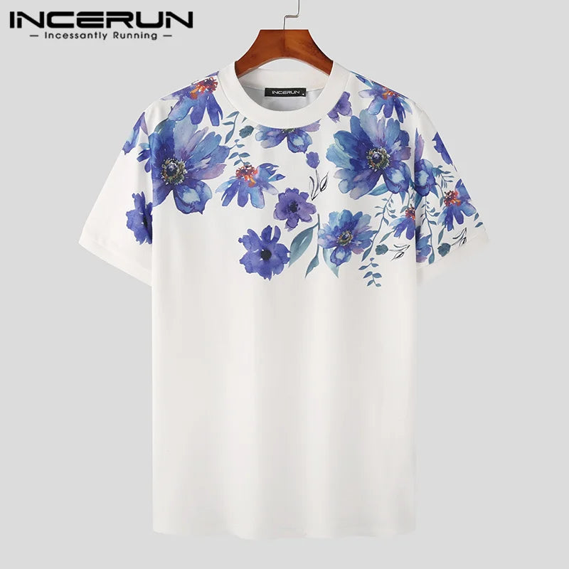 INCERUN Tops 2023 Korean Style New Men's Fashion Plant Printing T-shirts Casual Streetwear Male Round Neck Short Sleeve Camiseta