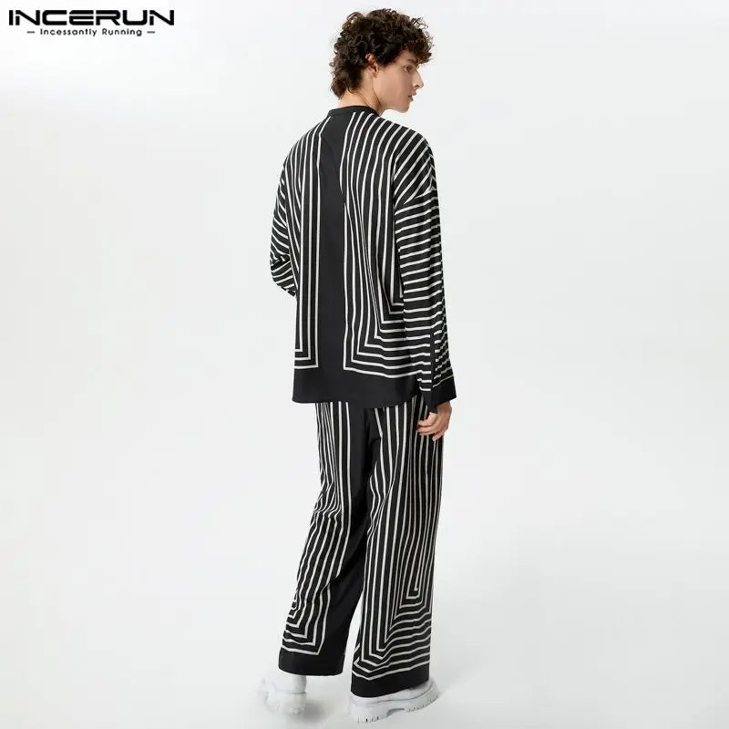 2024 männer Gestreiften Sets V-ausschnitt Langarm Shirt &amp; Hosen Zwei Stücke Sets Streetwear Lose Mode Herren Casual Anzüge S-5XL INCERUN