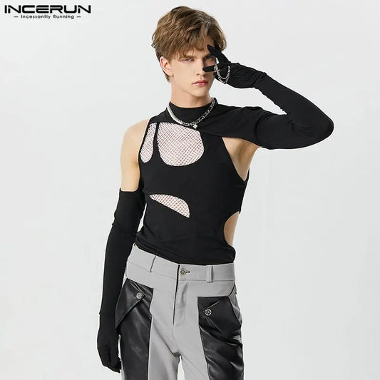 INCERUN 2023 Sexy Casual Neue Herren Bodys Dekonstruiertes Design Gespleißte Mesh-Overalls Pullover Fingerhut Dreieck Strampler S-5XL