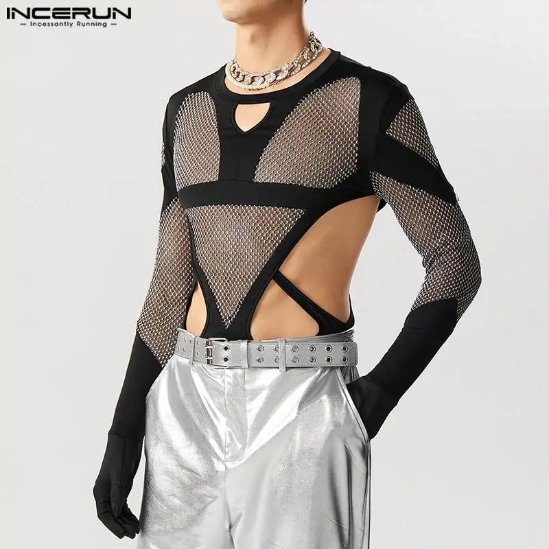 Men Bodysuits Mesh Patchwork Transparent Gloves 2023 Hollow Out Rompers Male T Shirts O-neck Long Sleeve Bodysuit S-5XL INCERUN