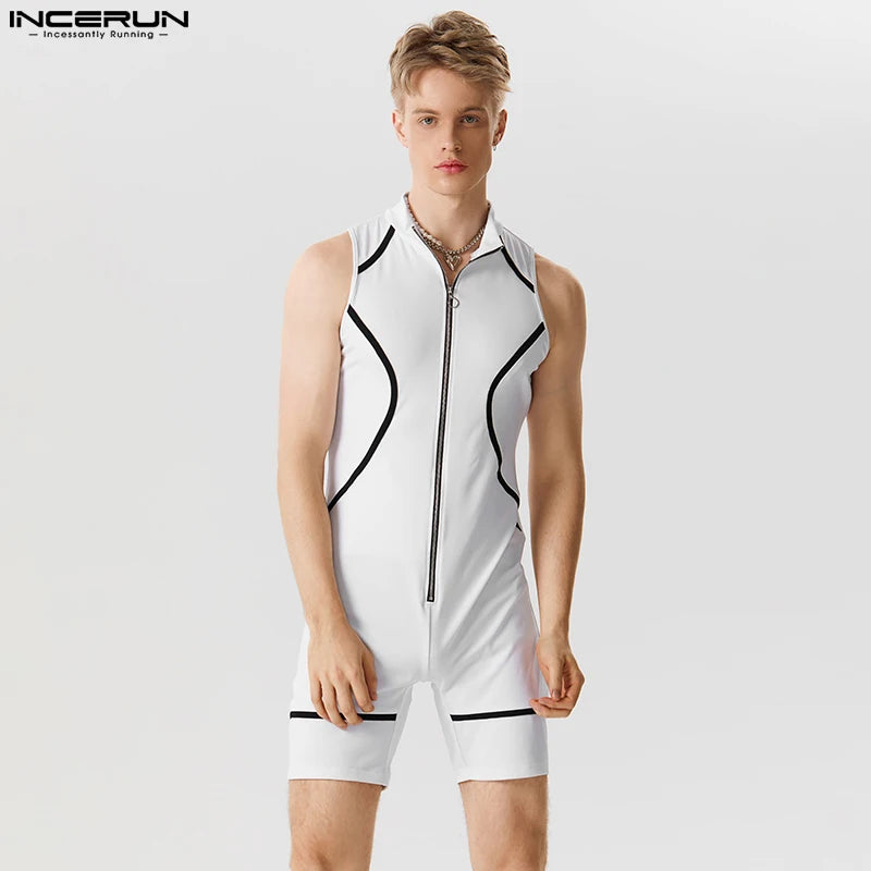 Casual Party Shows Style Jumpsuits INCERUN New Men Fashion Black&White Contrast Rompers Handsome Male Sleeveless Bodysuits S-5XL