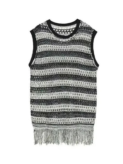 HOUZHOU Striped Mesh Vest for Men Vintage Knit Tank Tops Sleeveless Tee Male Casual Summer Beach Japanese Streetwear Hip Hop