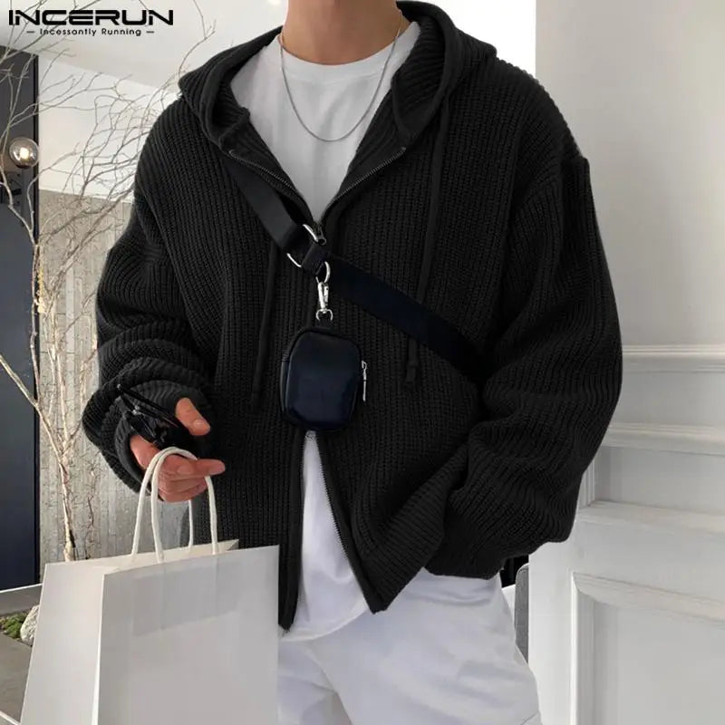 INCERUN Tops 2023 Style coréen hommes à capuche Pit tricoté pull décontracté streetwear mâle double tête fermeture éclair à manches longues à capuche S-5XL