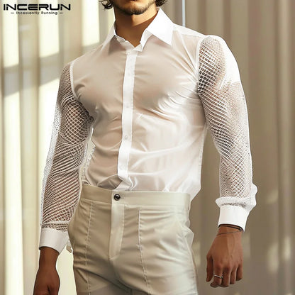 INCERUN Tops 2024 American Style Fashion Men's Mesh Splicing Hollow Slightly Transparent Shirts Casual Long Sleeved Blouse S-5XL