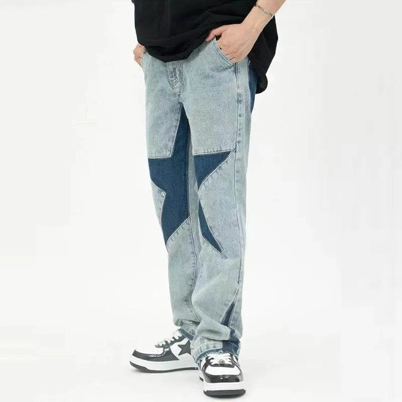 HOUZHOU Y2K Star Jeans Men Patchwork Denim Trousers Male Loose Casual Pants Korean Japanese Streetwear Hip Hop men clothing