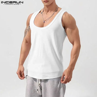 INCERUN Tops 2024 Korean Style Men's Solid Elastic Bottom U-shaped Vests Casual Streetwear All-match Sleeveless Tank Tops S-5XL