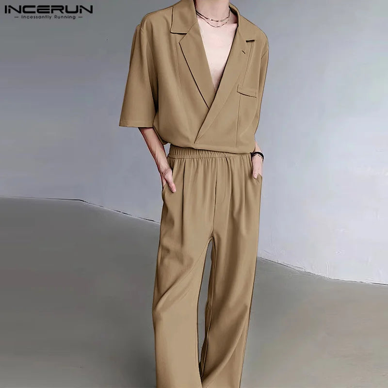 INCERUN 2024 Korean Style Sets Fashion New Men Suit Neckline Drop Short Sleeve Shirt Pants Streetwear Solid Two Piece Sets S-5XL