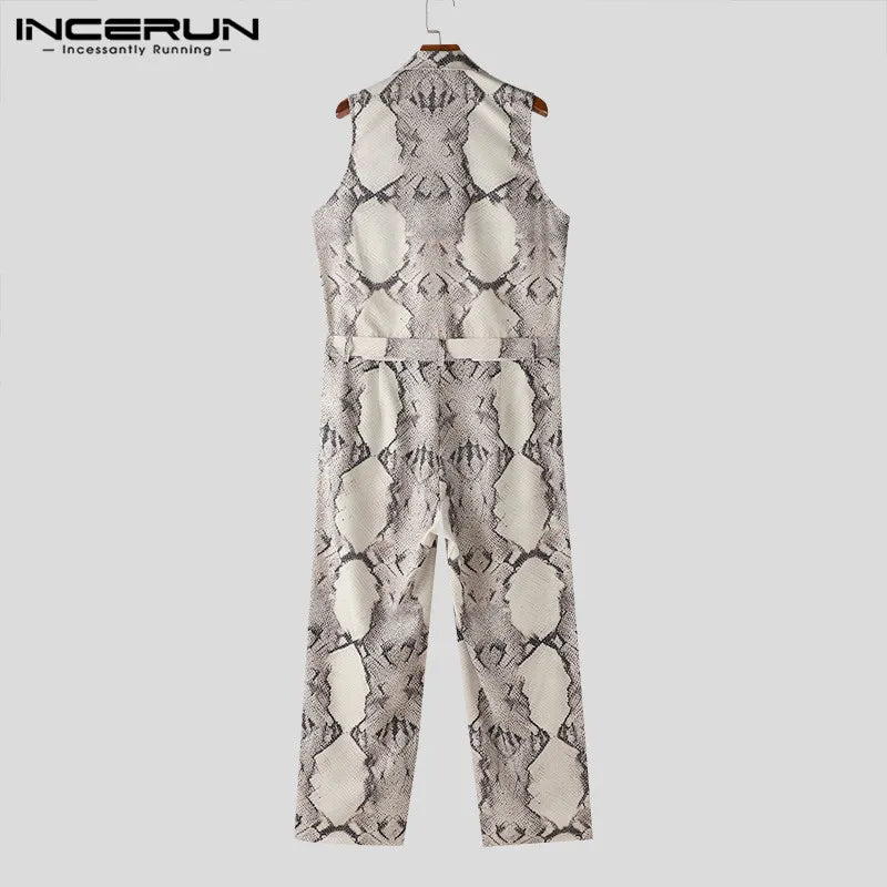 INCERUN 2024 American Style Men's Jumpsuits Personality Printed Jumpsuits Fashion Streetwear Male Lapel Sleeveless Rompers S-5XL