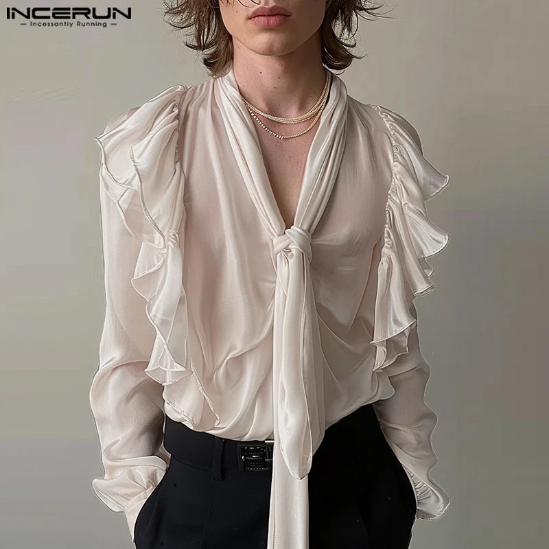 Fashion Sexy Style Tops INCERUN Handsome Men Loose Tie Design Ruffled Shirt Casual Clubwear Solid Long Sleeved Blouse S-5XL 2024