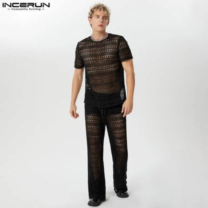 INCERUN 2024 American Style Fashion Sets Men's Hollowed Lace Short Sleeved Tops Long Pants Casual Streetwear Suit 2 Pieces S-5XL