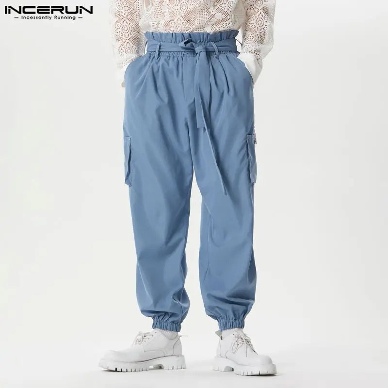 INCERUN Men Cargo Pants Solid Joggers Elastic Waist Trousers Men With Belt Streetwear Loose 2024 Fashion Casual Pantalon S-5XL