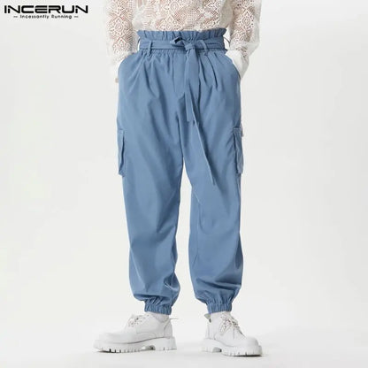 INCERUN Men Cargo Pants Solid Joggers Elastic Waist Trousers Men With Belt Streetwear Loose 2024 Fashion Casual Pantalon S-5XL