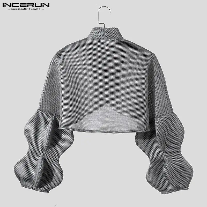 INCERUN Tops 2023 American Style Sexy Men's Cropped Mesh Design Suit Coats Fashion Bubble Sleeves Loose Silhouette Blazer S-5XL