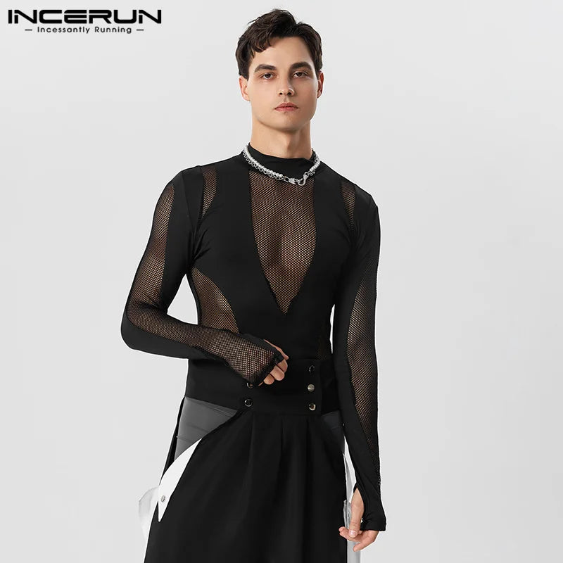 INCERUN Sexy Homewear Hommes Creux Transparent Maille Épissure Bodys Décontracté Serré Manches Élastiques Doigt Triangle Combinaisons S-5XL