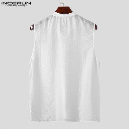 INCERUN Tops 2024 Koreanische Stil Stilvolle Männer Oansatz Solide Westen Männlichen Freizeit Patchwork Sehen-durch Mesh Ärmellose Tank Tops S-5XL