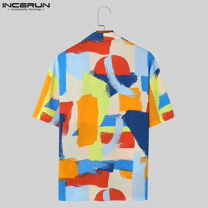 Handsome Well Fitting Tops INCERUN New Men Colorful Square Contrast Printed Shirts Fashion Funny Short Sleeved Blouse S-5XL 2024