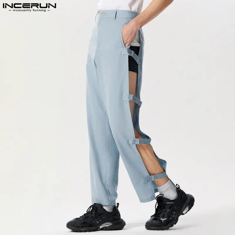 INCERUN 2024 American Style Men's Pantalons Casual Side Buckle Design Hollow Pants Leisure Streetwear Hot Selling Trousers S-5XL