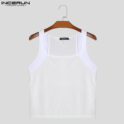 INCERUN Tops 2024 Handsome New Men's Hollowed Out Tight Knit Vests Leisure Streetwear Male Solid Color All-match Tank Tops S-5XL