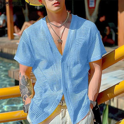 INCERUN Tops 2024 Korean Style Fashion Men's Sexy V-neck Hollowed Out Shirts Streetwear Male Short Sleeved Cardigan Blouse S-5XL