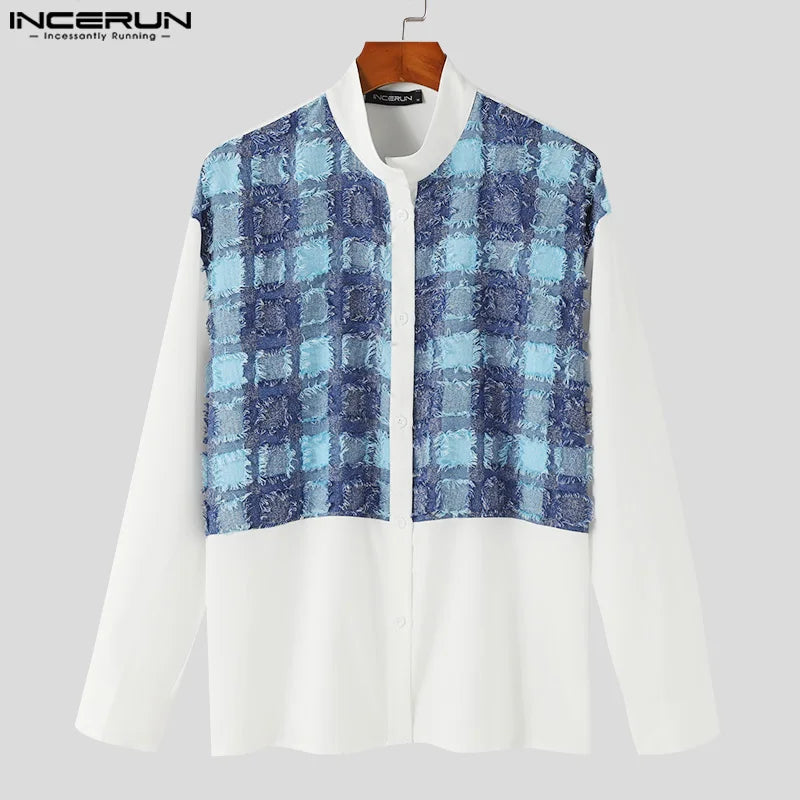 INCERUN Tops 2024 Korean Style Men Tassel Jacquard Patchwork Design Shirt Leisure Simple Long Sleeved Standing Neck Blouse S-5XL