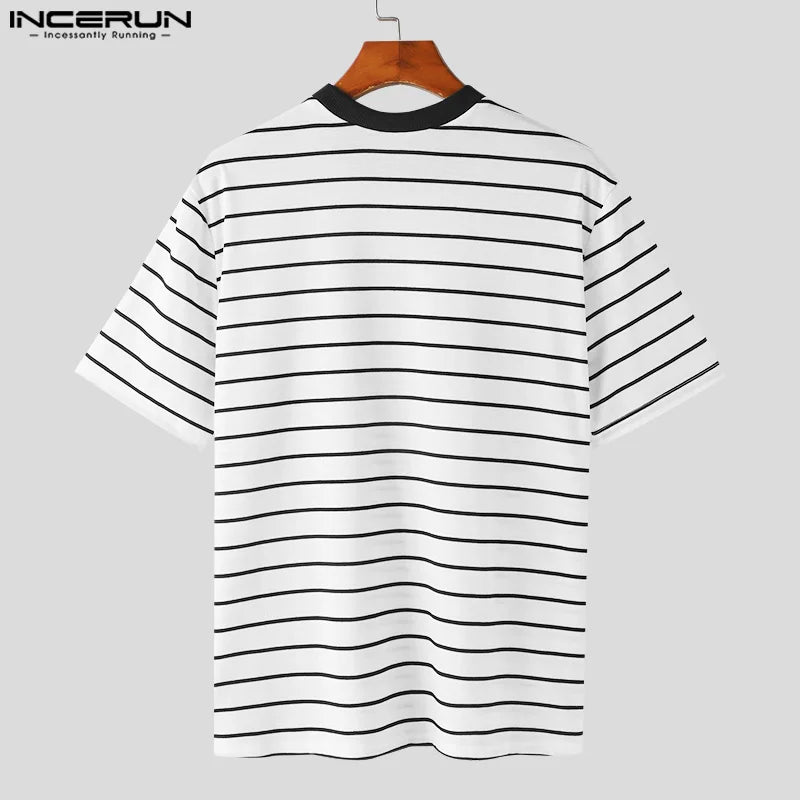 INCERUN Tops 2024 Handsome New Men Striped O-neck Loose T-shirts Fashionable Casual Streetwear Male Short Sleeved Camiseta S-5XL