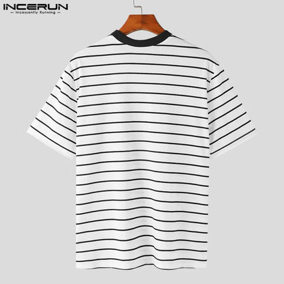 INCERUN Tops 2024 Beau Nouveau Hommes Rayé O-cou Lâche T-shirts À La Mode Décontracté Streetwear Homme Manches Courtes Camiseta S-5XL