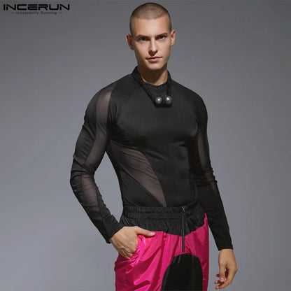 Sexy Fashion Style Jumpsuits INCERUN New Mens Zipper Design Patchwork Mesh Bodysuits Casual Male Long Sleeved Rompers S-3XL 2023