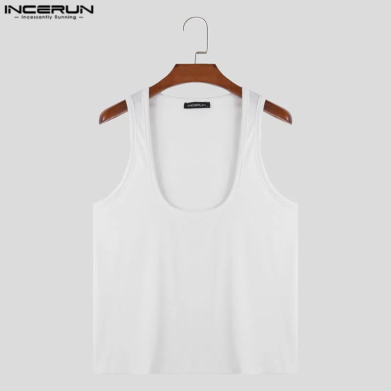 INCERUN Tops 2024 Korean Style Men's Solid Elastic Bottom U-shaped Vests Casual Streetwear All-match Sleeveless Tank Tops S-5XL