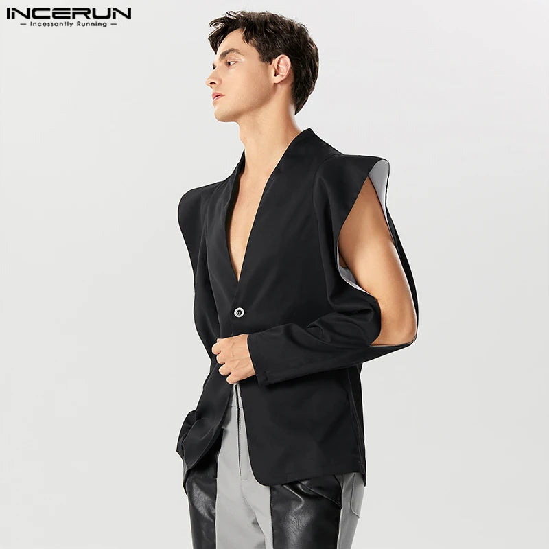 2023 Men Blazer Solid Lapel Long Sleeve One Button Irregular Suits Men Streetwear Hollow Out Fashion Thin Coats S-5XL INCERUN