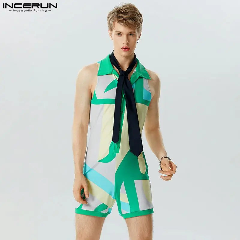 Fashion Casual Style Men's Jumpsuit Shorts INCERUN Streetwear Hot Selling Colorful Printed Lapel Sleeveless Rompers Shorts S-5XL