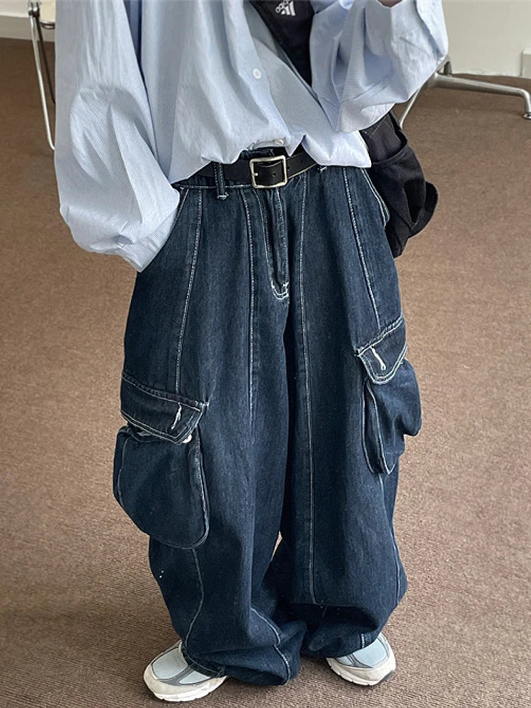 HOUZHOU Y2K Baggy-Jeans für Damen, Übergröße, Denim, Cargohose, Damenhose mit weitem Bein, japanische Streetwear, Hip Hop, Harajuku