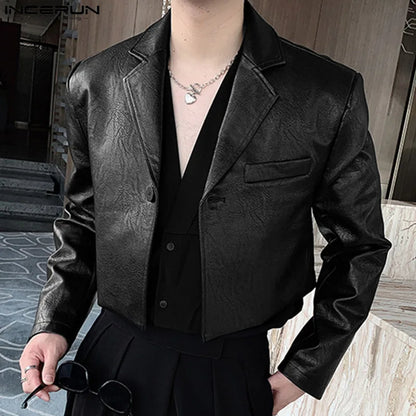 INCERUN Tops 2023 Korean Style Handsome Mens Short Leather Jackets Suit Casual Streetweat Male Long-sleeved Jackets Blazer S-5XL