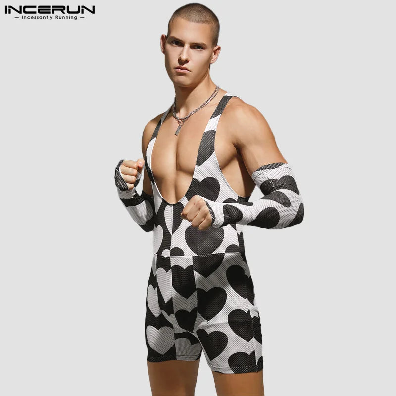 INCERUN 2024 Sexy Men Bodysuits Love Printing Sleeve Design Jumpsuits Stylish Male Homewear Flat angle Sleeveless Rompers S-3XL