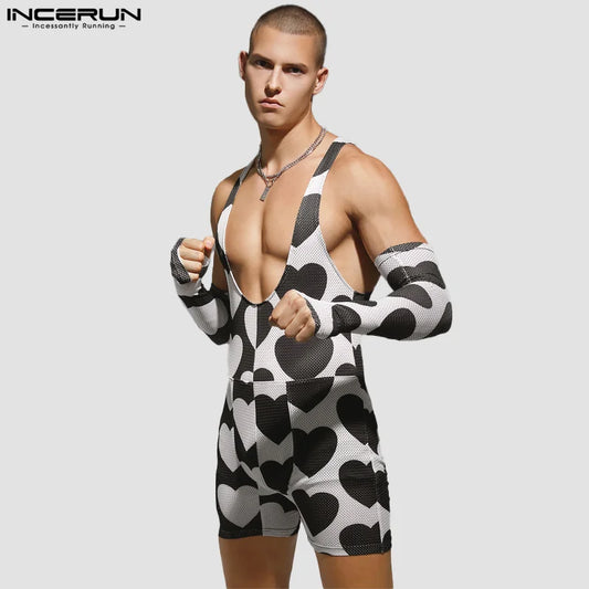 INCERUN 2024 Sexy Männer Bodysuits Liebe Druck Ärmel Design Overalls Stilvolle Männliche Homewear Flache winkel Ärmellose Strampler S-3XL