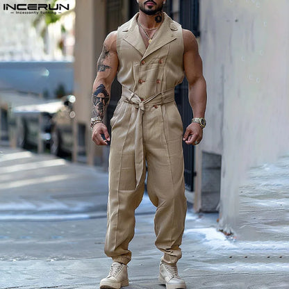 INCERUN 2024 American Style Stylish Men's Rompers Double Breasted Design Solid Sleeveless Streetwear Solid Strap Jumpsuits S-5XL