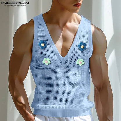 INCERUN Tops 2024 Korean Style Men's Hollow V-neck Flower Decorative Vests Summer Casual Personality Sleeveless Tank Tops S-5XL