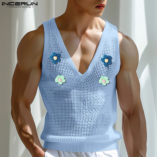 INCERUN Tops 2024 Korean Style Men's Hollow V-neck Flower Decorative Vests Summer Casual Personality Sleeveless Tank Tops S-5XL