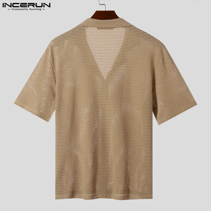 INCERUN Tops 2024 Korean Style Men's Textured Solid Simple Shirts Casual Streetwear Standing Collar Medium Sleeved Blouse S-5XL