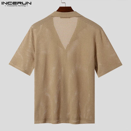 INCERUN Tops 2024 Koreanischer Stil Herren Strukturierte Solide Einfache Hemden Casual Streetwear Stehkragen Mittelärmelige Bluse S-5XL