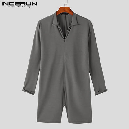 INCERUN 2023 American Style New Men Fashionable Half High Neck Solid Color Rompers Casual Sexy Male Long Sleeved Jumpsuits S-5XL