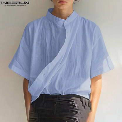 Casual Simple Style Tops INCERUN 2024 Mens Stand Neck Slanted Placket Design Shirs Summer Male Solid Medium Sleeved Blouse S-5XL