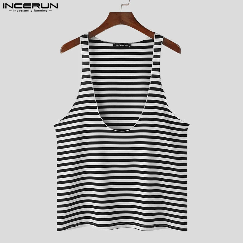 INCERUN Tops 2024 Style américain Hommes Noir et Blanc Rayé Simple Design Gilets Été Décontracté Streetwear Sans Manches Débardeurs S-5XL