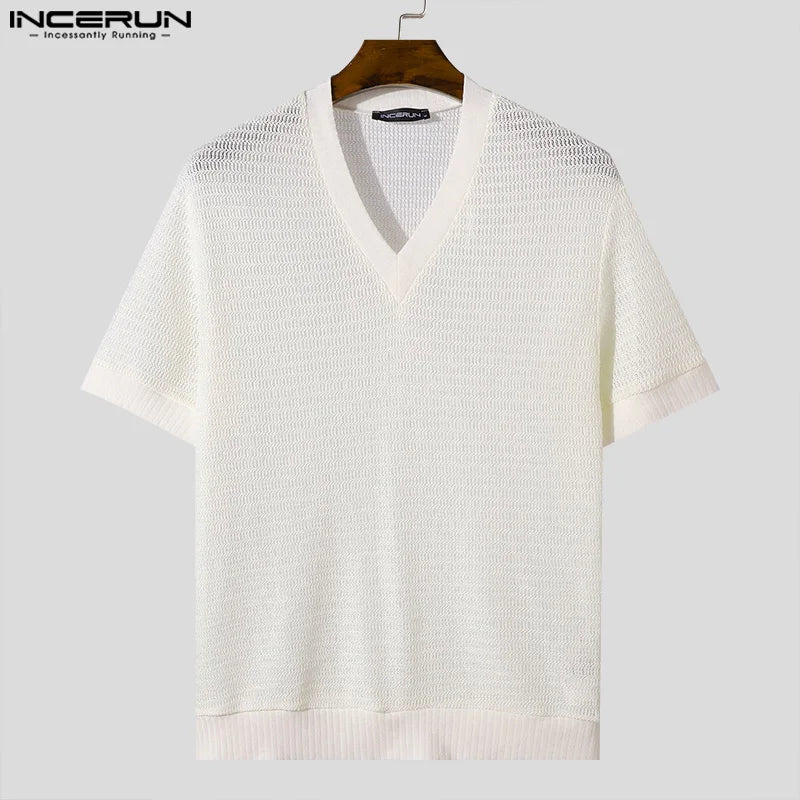 INCERUN Tops 2024 Korean Style Handsome Men's V-neck Hollow Mesh Knitted T-shirts Summer Streetwear Short Sleeved Camiseta S-5XL