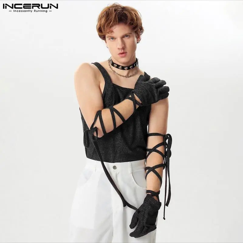 Sexy Fashion Style Tops INCERUN Men's Glitter Fabric Thimble Design Vests Leisure Clubwear Thin Sleeveless Tank Tops S-5XL 2024