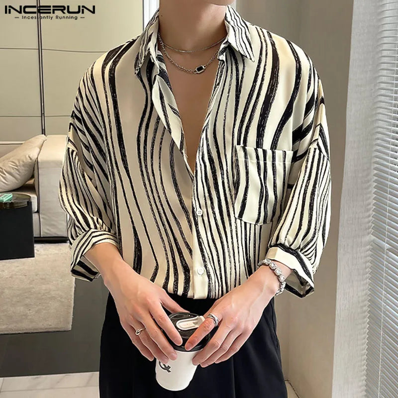 INCERUN Tops 2024 Korean Style Handsome Men Fashion Irregular Stripe Shirts Casual Streetwear Seven Quarter Sleeved Blouse S-5XL